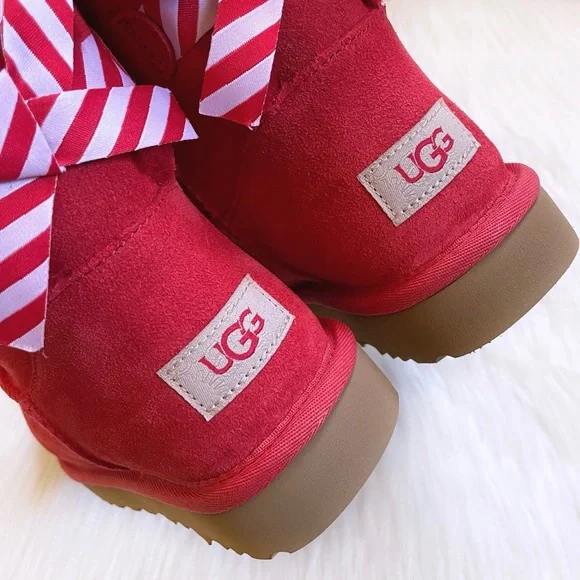 UGG Bailey Bow Diagonal Stripes Poppy Red Boots - Picture 5 of 8